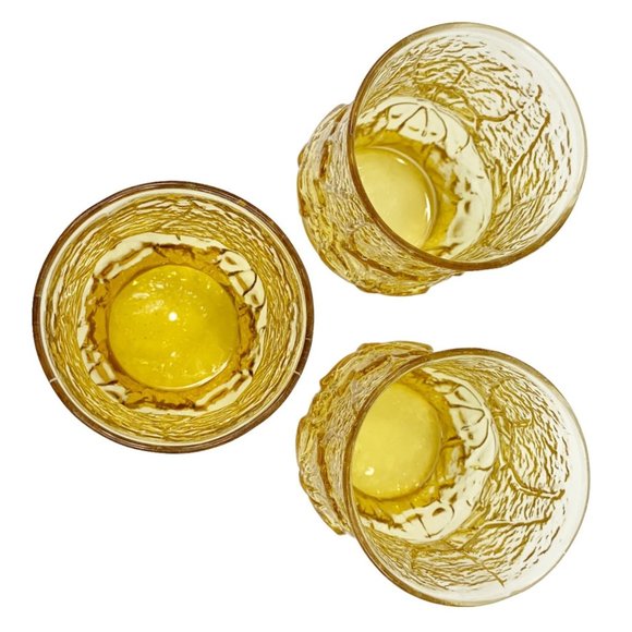 3 Vintage Anchor Hocking Juice Glass Cup Rain Flower Amber Honey Gold 4" High - Picture 8 of 9